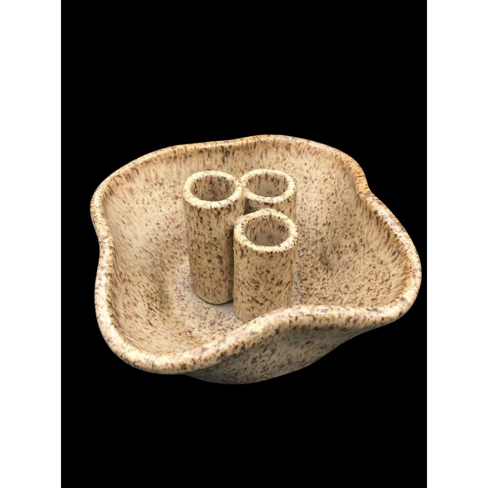 Studio Pottery Ikebana Vase Bowl With 3 Flutes Artisan Stoneware Earthtones Sign